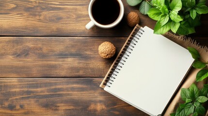 Cozy Workspace with Empty Notebook, Coffee, and Green Plants