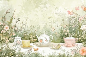Delicate tea set arranged amidst blooming garden flowers inviting a serene afternoon gathering