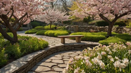 Obraz premium A garden with a stone path and a bench