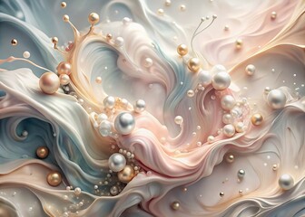 Banner, flyer. Abstract, dreamy, watercolor background with waves, streaks, liquid streams of pastel pink, blue and pearls.