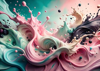 Banner, flyer. Abstract, dreamy, watercolor background with waves, streaks, liquid streams of pink, blue and black, and pearls.