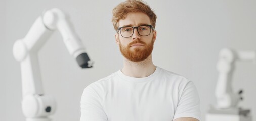 Tech entrepreneur standing proudly in a sleek lab environment with prototypes showcasing innovation and futuristic vibes