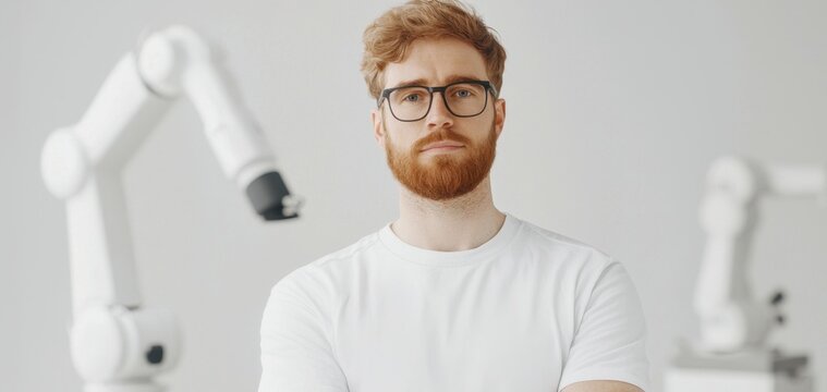 Tech entrepreneur standing proudly in a sleek lab environment with prototypes showcasing innovation and futuristic vibes