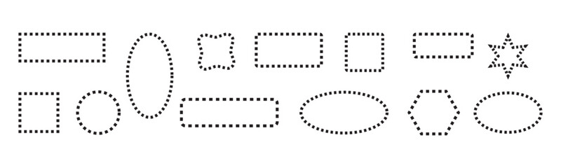 Dash line shapes. Dashed outline of circle, square, star, triangle, oval,  Design of border for basic geometric shapes. Icon of cut frame.