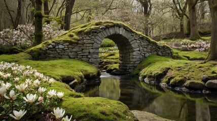 A bridge over a stream with a bridge arch and a field of white flowers