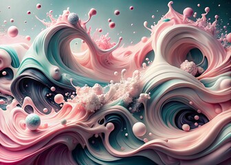 Banner, flyer. Abstract, dreamy, watercolor background with waves, streaks, liquid streams of pink, blue and black, and pearls.