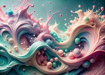 Obraz premium Banner, flyer. Abstract, dreamy, watercolor background with waves, streaks, and liquid streams of pink, blue, and pearls.
