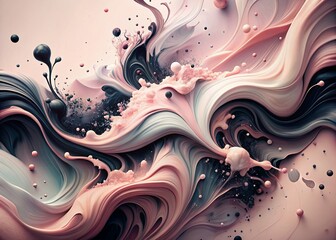 Banner, flyer. Abstract, dreamy, watercolor background with waves, streaks, liquid streams of pink, blue and black, and pearls.