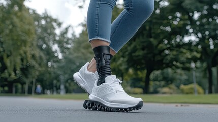 A woman with a black prosthetic leg walks along a tree-lined street covered in autumn leaves, showcasing resilience and mobility