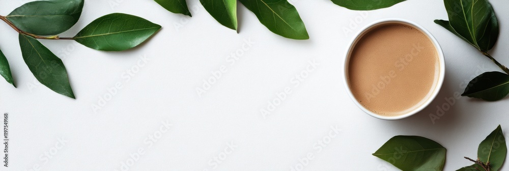 Leinwandbilder Coffee cup surrounded by green leaves on a light background with space for text or design elements. Generative AI