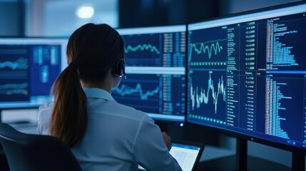 Young professionals working on financial analysis with charts and graphs displayed on large touchscreens modern business tools