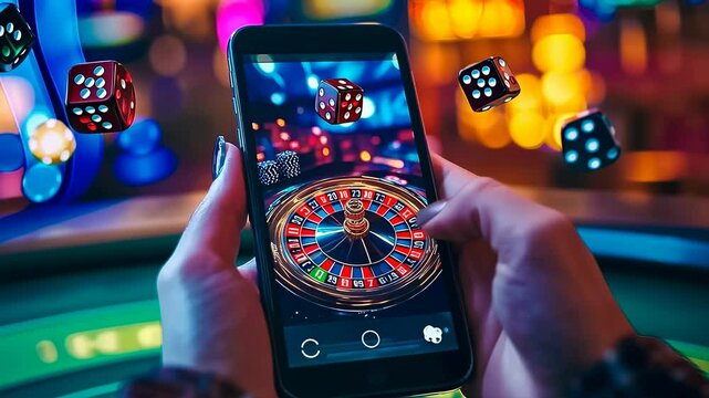 Hands holding smartphone digital roulette.Glowing screen displays casino game night.Colorful lights virtual gambling app.simulation mobile device dark setting.Person engaging online betting