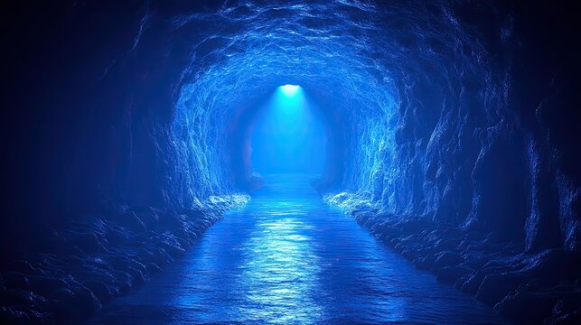 Blue lit cave tunnel, water path, mystery backdrop, game design