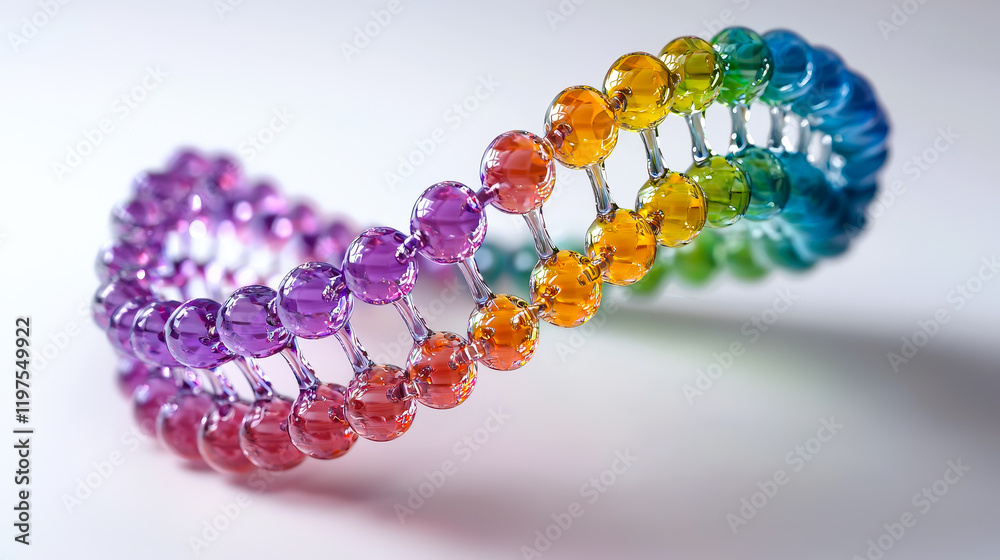 Poster a vibrant 3d dna helix structure composed of multicolored transparent beads, symbolizing genetics, s