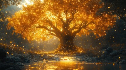 Naklejka premium Golden autumn tree glowing at sunset by a stream.