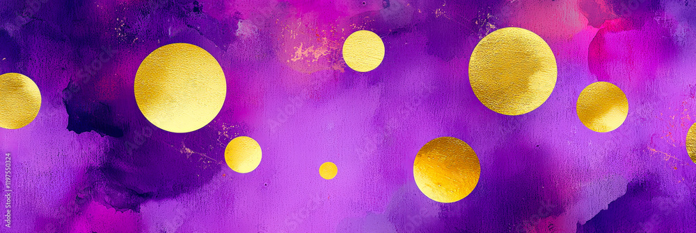 Poster This vibrant abstract background features a rich purple palette adorned with scattered golden circles, creating a playful and visually striking design that captures attention