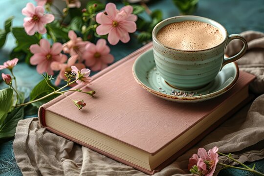 Coffee cup on pink book with blooming flowers
