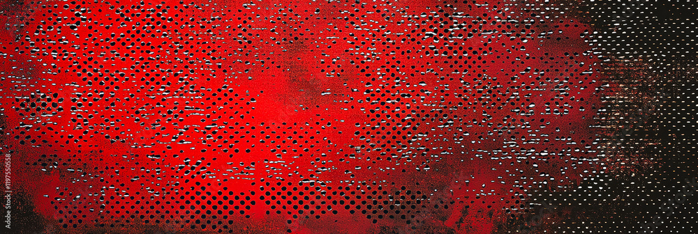 Poster An abstract surface features a vibrant red background with numerous circular perforations, showcasing an artistic blend of color and texture in an industrial environment