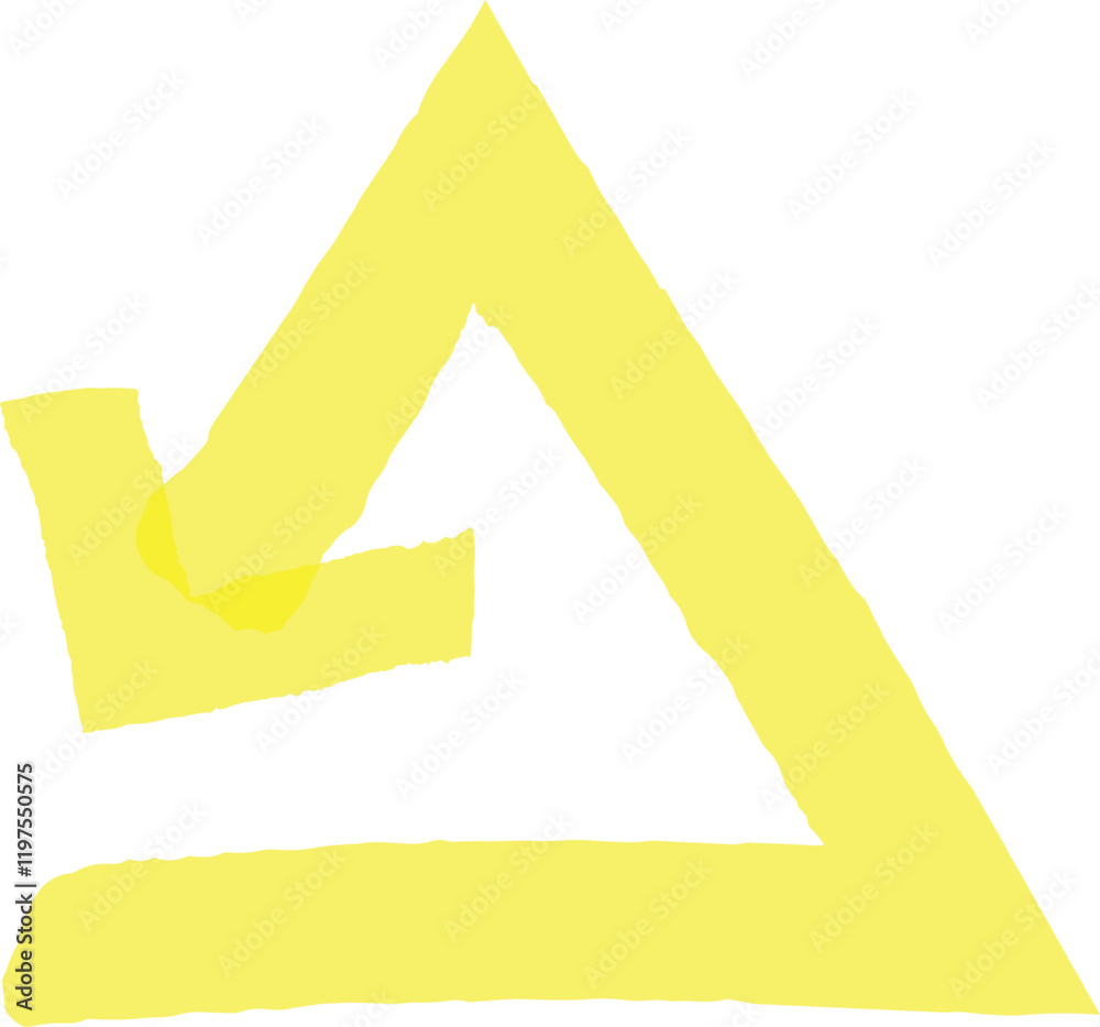 Poster yellow uneven abstract triangle and arrow pointing down over a horizontal stripe representing concep
