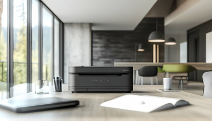Contemporary office printer station with sleek design in a blurred, modern workspace -