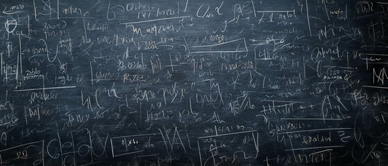Educational chalkboard covered with notes and equations in dark texture