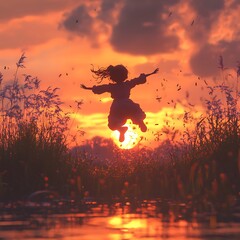 Fototapeta premium Girl flying high the sky at sunset golden hour picture