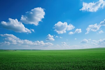 Obraz premium Open green field under a bright blue sky filled with fluffy clouds showcasing a peaceful natural landscape. Generative AI