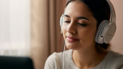 Young Caucasian woman with headphones in front of laptop at home. Online education. A young woman wearing headphones focuses intently on her online class at home.