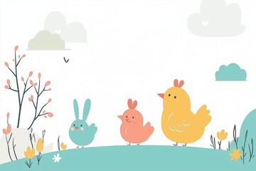 In a vibrant spring meadow, a cute chick and a playful bunny enjoy their day among colorful flowers and soft clouds, celebrating the joy of the season.