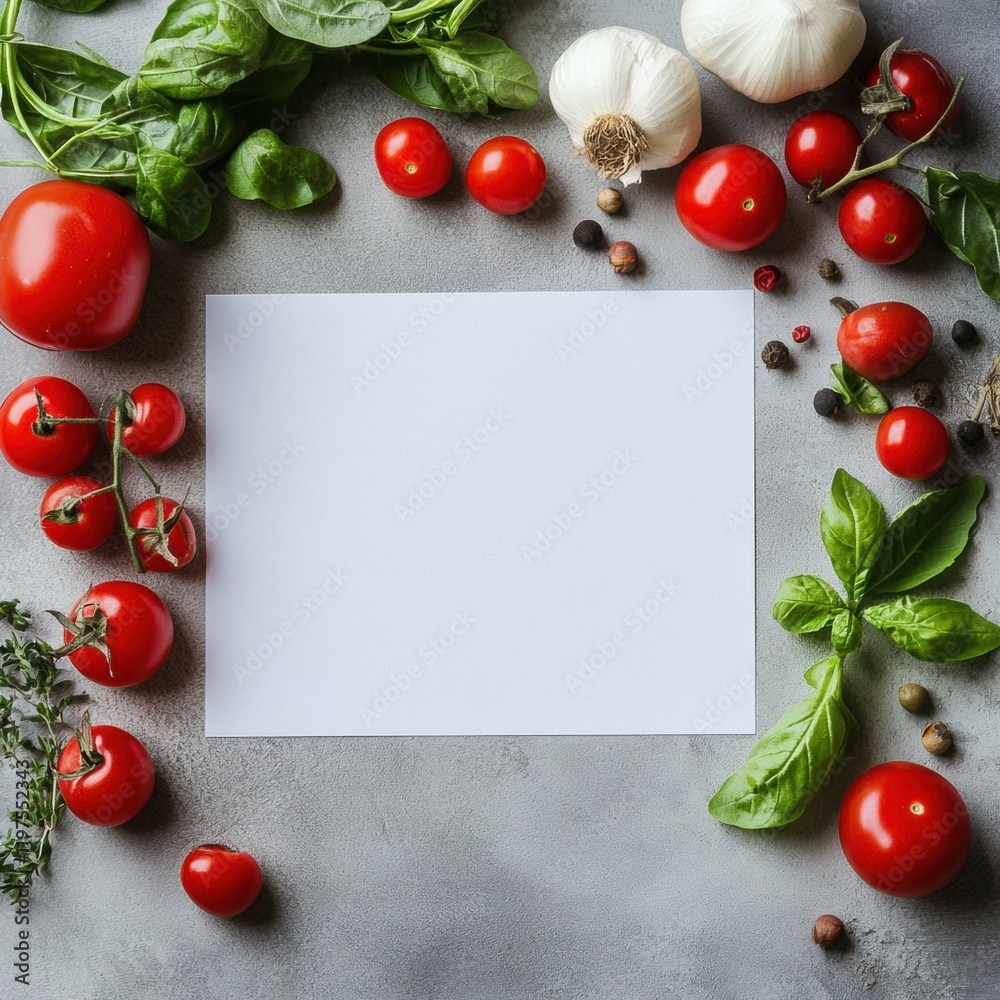 Poster Fresh vegetables and herbs arranged around an empty space perfect for adding text or design elements. Generative AI