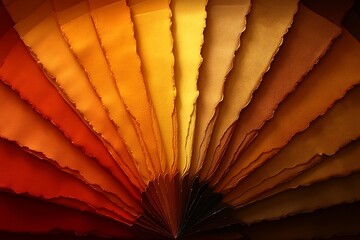 A vibrant fan of textured paper unfolds, displaying a warm gradient of orange, yellow, and red hues.