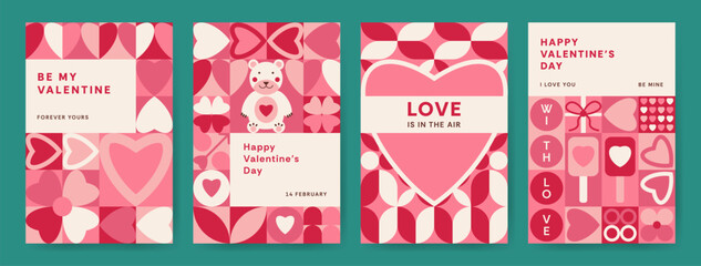 Happy Valentines Day geometric trendy cards set. Modern background with hearts and simple shapes. Vertical Template for celebration, ads, banner, cover, label, poster, sales. Love is in the air.