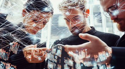 Collaborative caucasian young adults engaged in futuristic technology