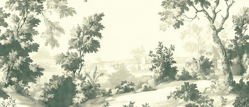 Subtle toile pattern featuring serene pastoral landscape with trees and distant hills