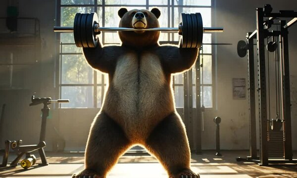 Grizzly Bear Weightlifting in a Rustic Gym