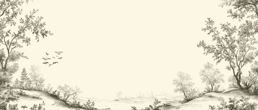 Classic pastoral toile design featuring serene landscape elements with subtle elegance