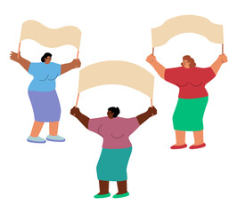 Three women holding banners of different configurations. Cartoon style illustration of women of different nationalities voting for women's rights. Vector illustration