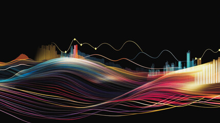 Abstract black background with Colorful charts and graphs with statistics to innovative analyze business potential and forecast future development of companies growth.