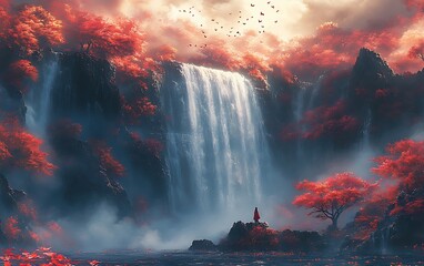 Autumn Waterfall Landscape Illustration