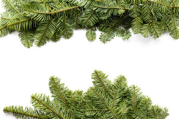 Frame of green fir branches on white background. Winter fir and pine eco decor. Top view