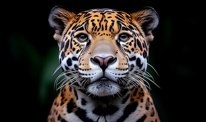 Obraz premium Majestic Jaguar Portrait: Striking Rosette Pattern, Dark Background, Wildlife Photography