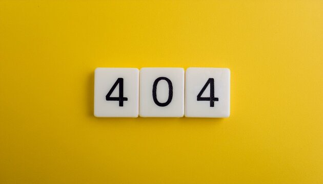A minimalistic image of a 404 error displayed on white tiles on a bright yellow background. The number "404" is a common error code indicating a web page cannot be found. 