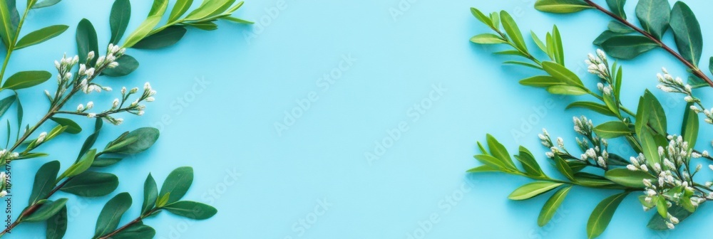 Fototapete Green leaves on a light blue background providing space for text and design elements in a creative layout. Generative AI