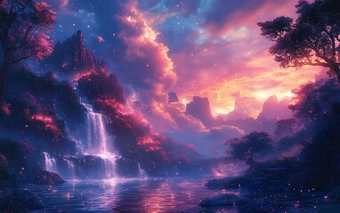 Serene Sunset Waterfall Fantasy Nature Scene