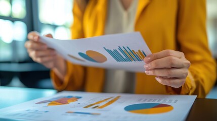 Analyzing business data trends office environment report documentation professional setting close-up perspective data interpretation