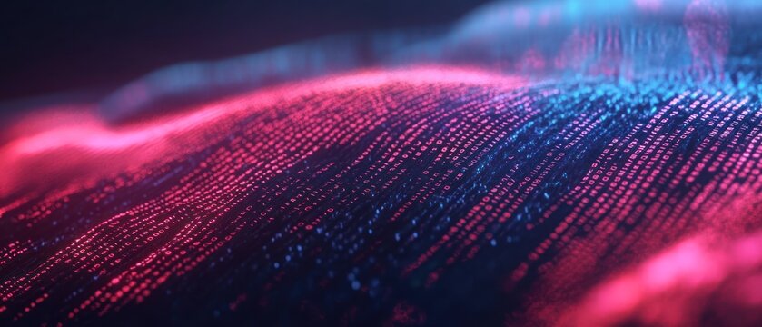 Abstract Digital Landscape: Binary Code Waves in Neon Red and Blue