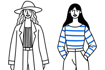 Minimalist Line Art Fashion Sketches of Two Women with Contrasting Blue and White Backgrounds
