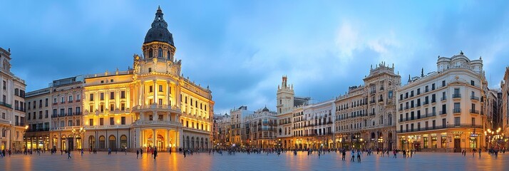 Obraz premium Plaza De Ayutamiento in Valencia, Spain. Cityscape at dusk with architecture and walking people