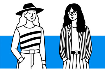 Minimalist Line Art Fashion Sketches of Two Women with Contrasting Blue and White Backgrounds