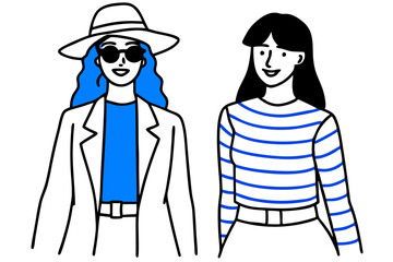 Minimalist Line Art Fashion Sketches of Two Women with Contrasting Blue and White Backgrounds